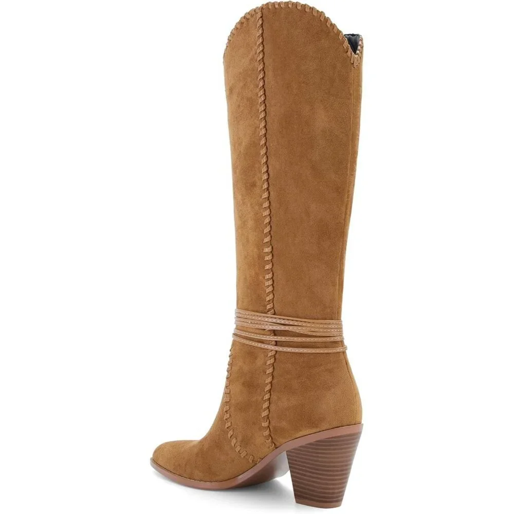 Women's Brown Suede Cowboy Pointed Toe Knee High Chunky Stylish Comfortable Heel
